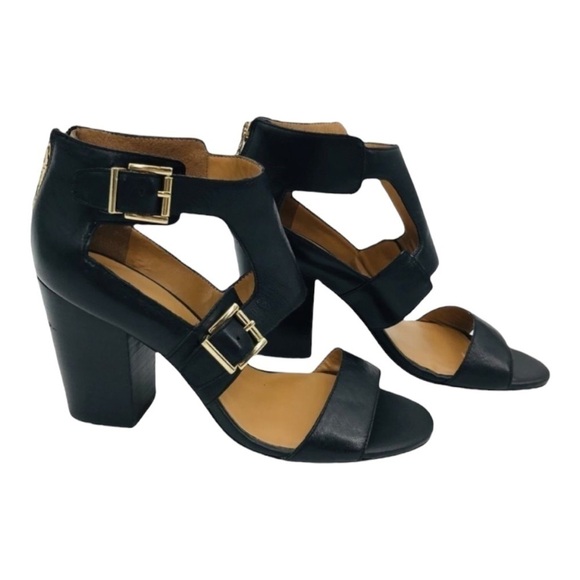 TOMMY HILFIGER Black and Gold Wide T-Strap Buckle Up Leather Shoes size 7.5 - Picture 3 of 13